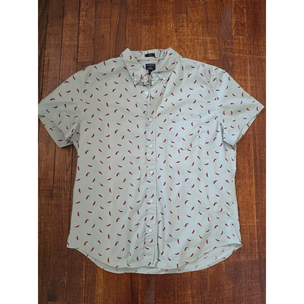 J.Crew Red Hot Chili Peppers Light‎ Green Fun Preppy Maximalist Cotton Shirt XL
